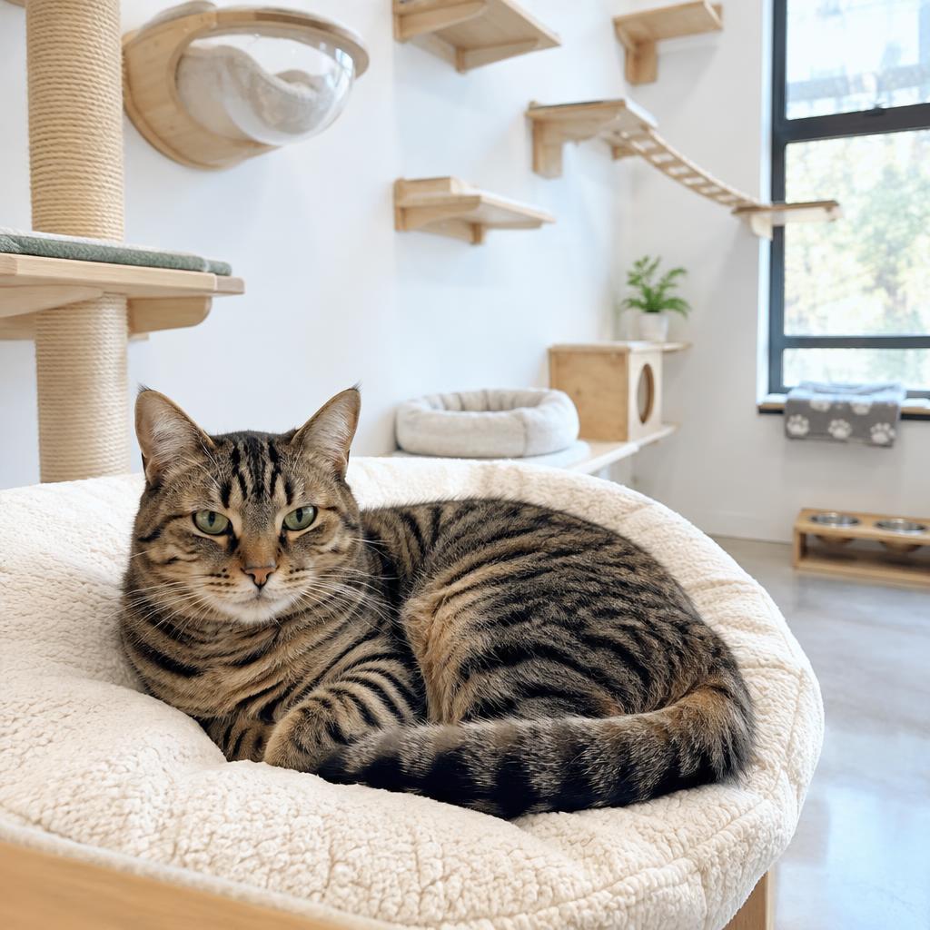 Relaxed cat resting in a clean cat suite