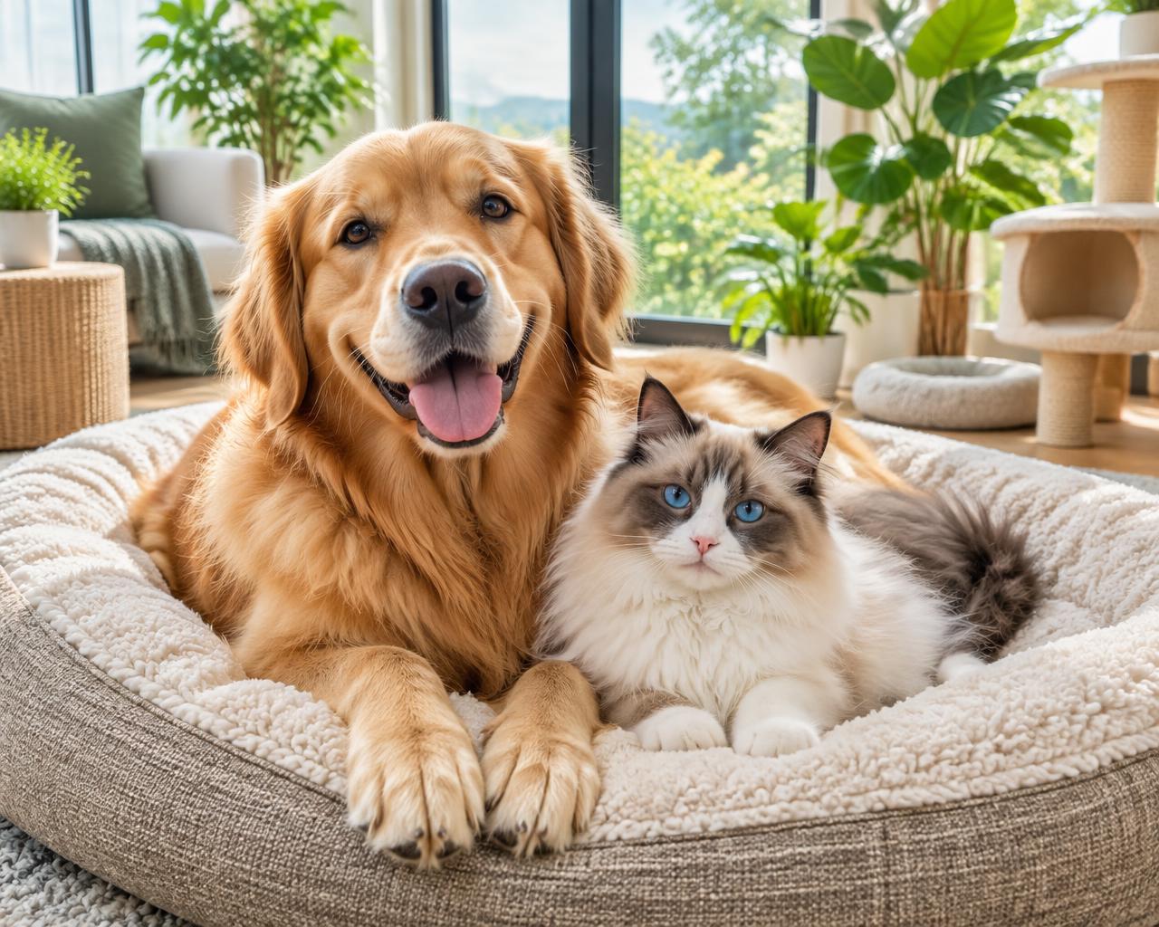 Happy golden retriever and cat relaxing on a cosy bed at Jamu Pet Resort